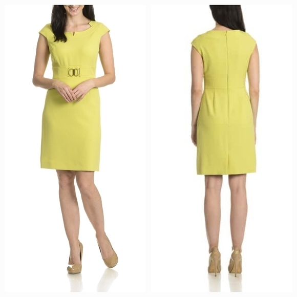Tahari Dresses & Skirts - Tahari ASL Chartreuse Belted Sheath Dress Cap Sleeve Knee Length Workwear Sz 12